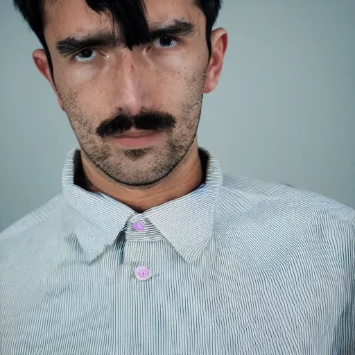 Prompt: man wearing shirt made of smaller shirts, 2 0 mm lens, photography