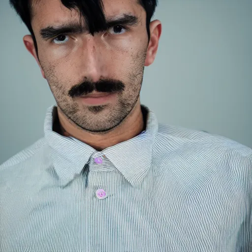 Image similar to man wearing shirt made of smaller shirts, 2 0 mm lens, photography