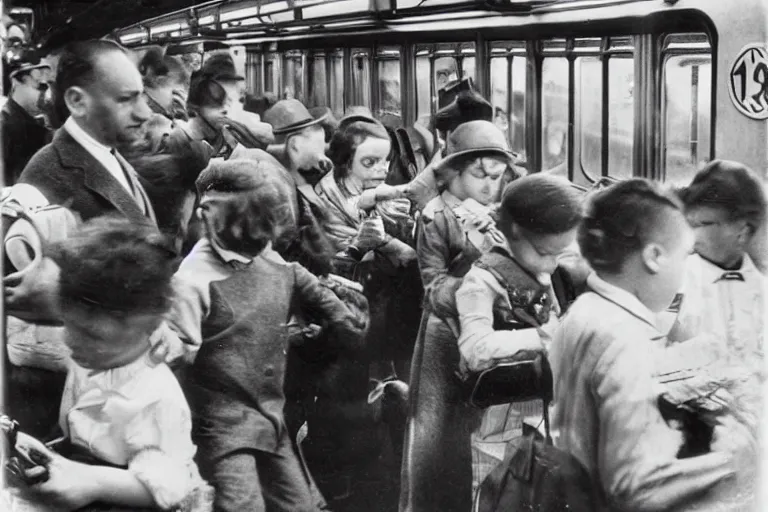 Prompt: A picture of 1934 in the new York subway. Children playing with a mobile phone, retro, vintage, ultra detailed, 20mm camera