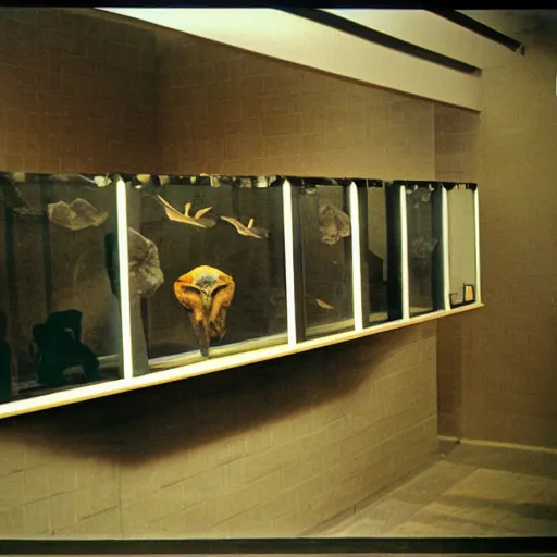 Image similar to spooky creepy liminal space, display case, aquatic exhibition museum, dried aquarium, computer screens, photo taken on 1 9 8 0 s fujifilm superia