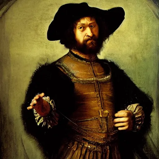 Prompt: renaissance portrait painting of bully maguire dancing in a black costume, in the style of rembrandt