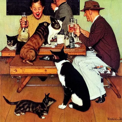 Image similar to norman rockwell painting of cats and dogs drinking beer