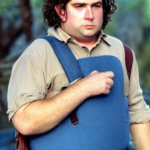 Image similar to close up of a frowning clean shaven pudgy British lad with short curly dark brown hair as a hobbit wearing a white men's crossbody sling chest bag and blue vest, blue vest!! white crossbody chestbag!! high resolution film still, movie by Peter Jackson