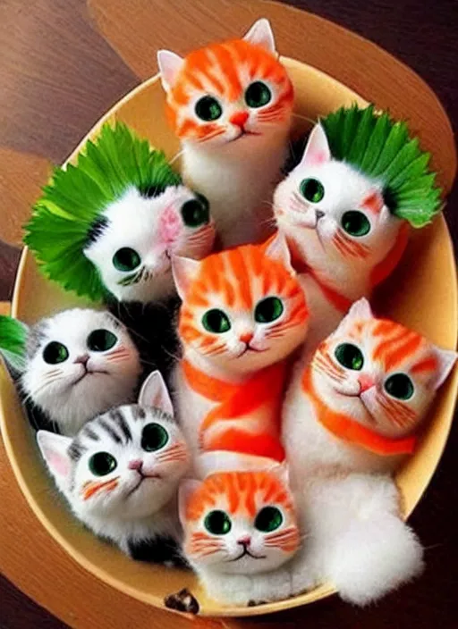 Image similar to clear photorealistic picture of adorable cats made out of sushi