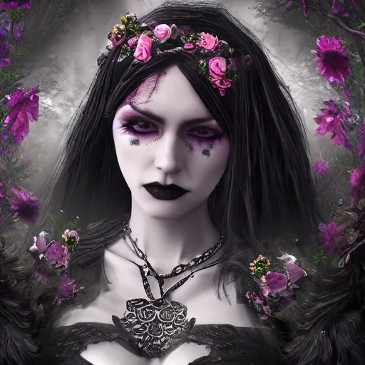 Image similar to A portrait of a Gothic goddess of floral jewels in an empty land, dark and mysterious, lively atmospheric, cinematic, 8k, 4k, ultra detail, ultra-realistic, rendered by DeviantArt