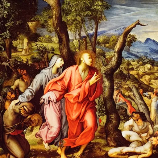 Image similar to Agony in the Garden of Getsemane hyper detailed intricate painting, by Murillo