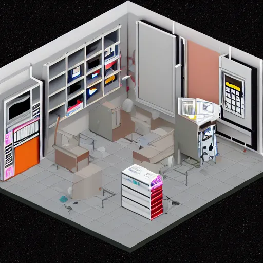 Prompt: isometric room 3 d model, realistic, detailed, crowded, neat