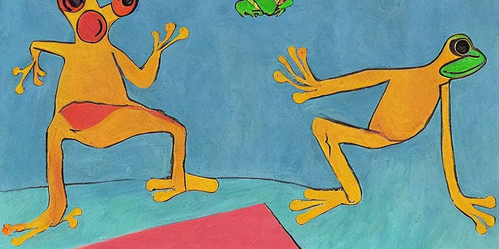 Prompt: a frog jumping to pool, picasso style,