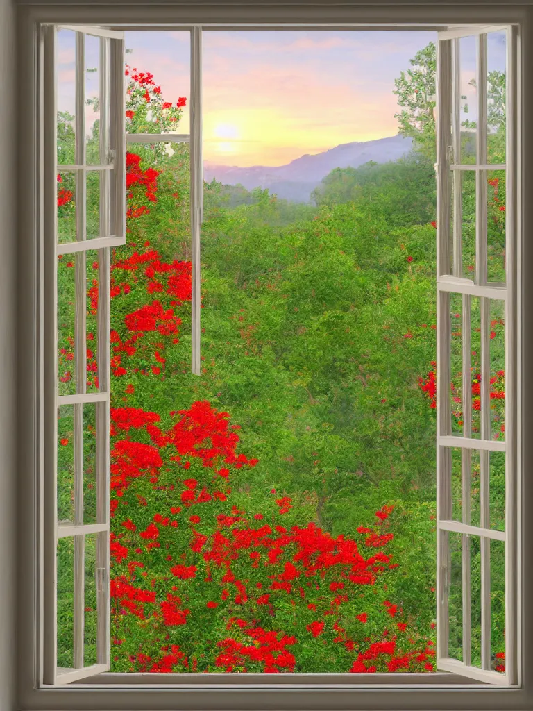Image similar to a interior photo of a vintage house single window with view to the sunrise near some red flowers, hyperrealistic, digital painting, masterpiece, high quality, highly detailed, high coherence, path traced, serene landscape, beautiful, elegant, bloom, godrays, complementary colors, natural lighting, symmetrical, low contrast, geometrically correct