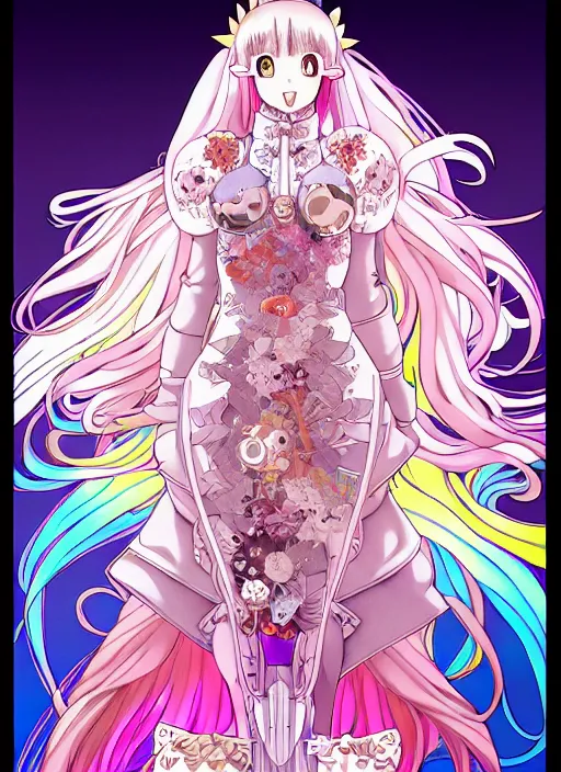 Prompt: pokemon highly detailed artgerm terada katsuya artstation manga poster of girl mechine, hajime sorayama, rainbow gradient bloom, long hair, armor, dress, laces, ruffles, 8 k, maximalist, alphonse mucha