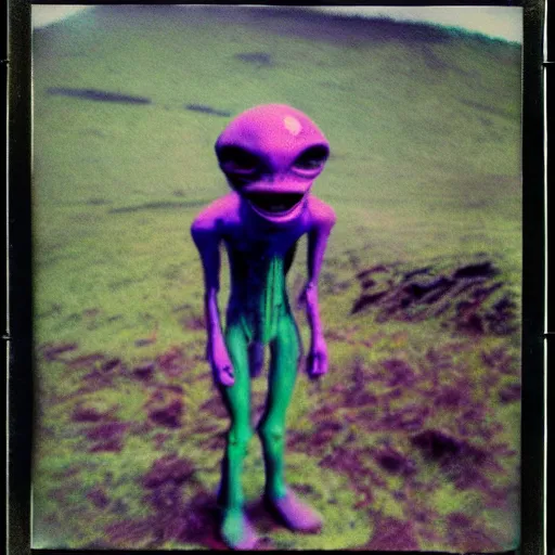 Prompt: colour polaroid photo of an alien on the moors