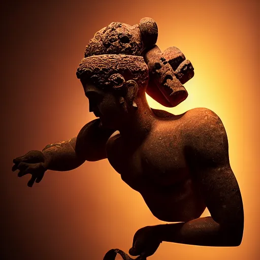 Image similar to studio photography of an ancient idol statue getting smashed into pieces, dramatic lighting