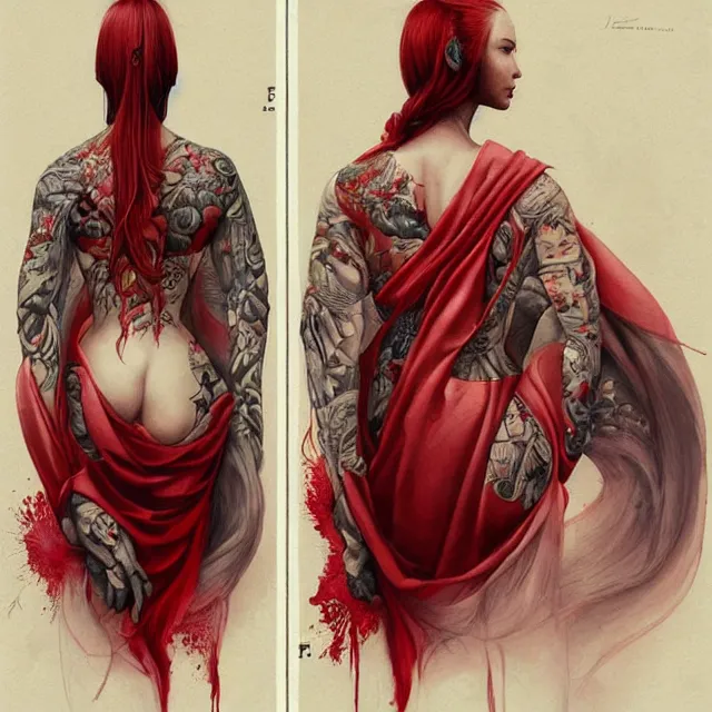 Image similar to ultra realistic illustration, beautiful woman dressed in red kimono, backview, tattoos, in the style of peter mohrbacher by weta digital and beth cavener, high face symmetry, intricate, masterpiece, award winning, high face symmetry, intricate