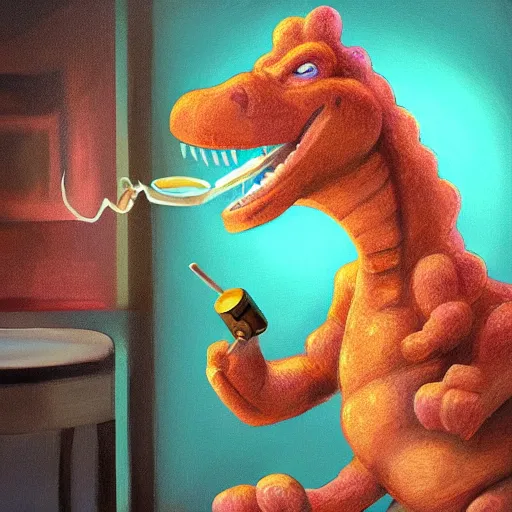 Prompt: barney the dinosaur from kids show drinking whisky and smoking a cigar, portrait art by, digital art, trending on artstation