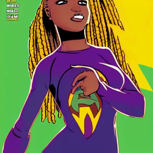 Image similar to comic book black girl superhero, wearing purple colors, has blonde hair, from Brooklyn