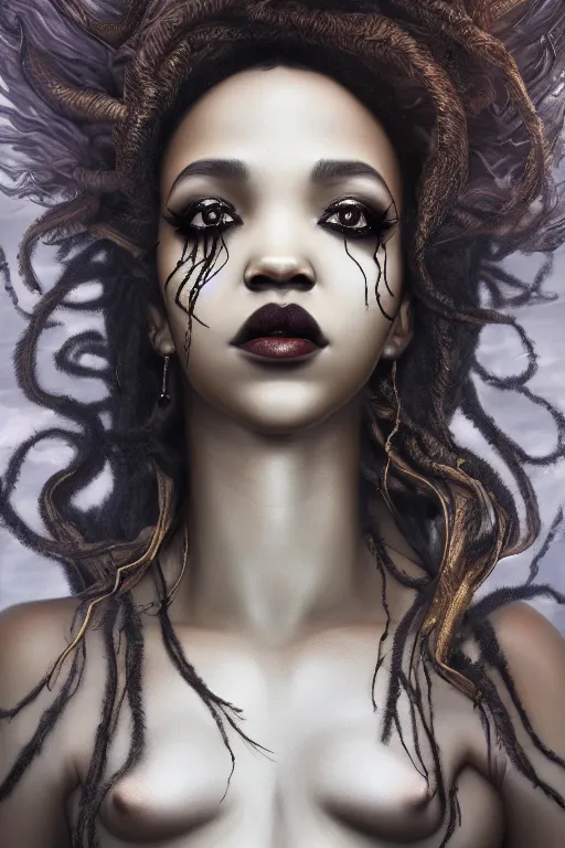 Image similar to a photorealistic portrait of tinashe as mysterious dark goddess of death, realism, clouds, swirling fabric, elaborate ornate growth, gilded relief, volumetric lighting, light shafts, ambient light, trending on artstation, by alessio albi