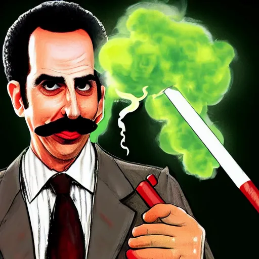 Image similar to Borat smoking a giant rolled cannabis cigarette, caricature, smoke, amazing detail, digital art, artstation