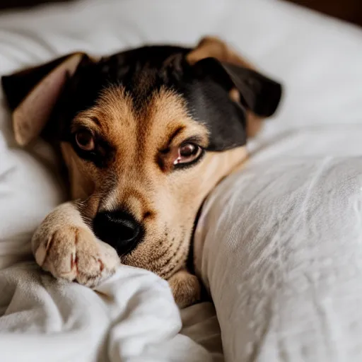 Prompt: a sleepy puppy in bed, resting on a pillow, wearing pajamas, Sigma 85mm f/1.4