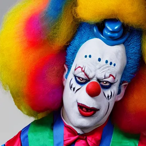 Prompt: uhd candid photo of krusty the clown wearing bizarre clown makeup, intricate clown costume. photo by annie leibowitz photorealistic hyperdetailed