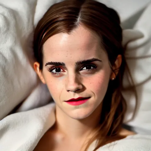 Prompt: emma watson waiting for you in bed at night, smiling shyly, very sleepy, bare shoulders, covered in big fluffy white blanket, dim lighting