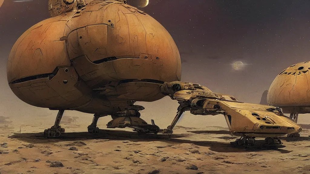 Image similar to small organic dropship lander by john schoenherr and jim burns, epic cinematic matte painting