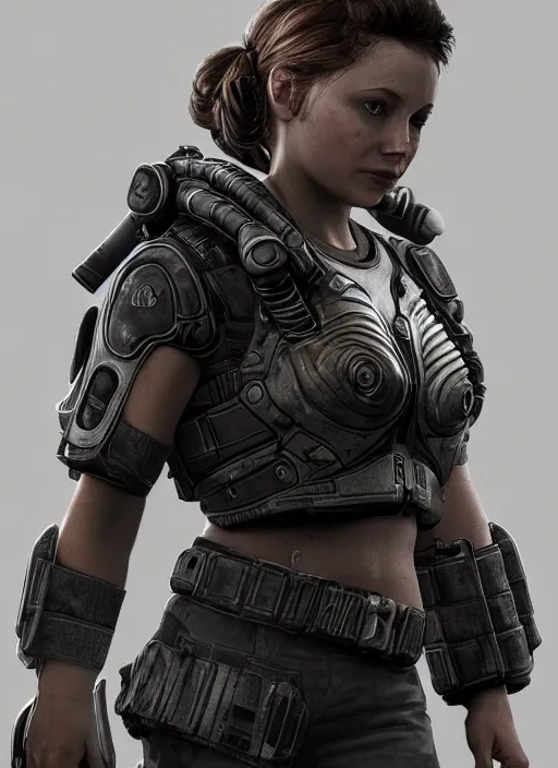 Image similar to Jenette Elise Goldstein from aliens wearing gears of war COG armor, full body portrait, hyper realistic render, artstation, 8k uhd