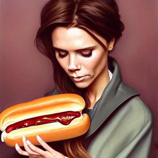 Image similar to Victoria Beckham eating Hot Dogs, dripping BBQ Sauce, serving big macs, D&D, spilling ketchup, fantasy, intricate, elegant, highly detailed, digital painting, artstation, concept art, matte, sharp focus, illustration, hearthstone, art by Artgerm and Greg Rutkowski and Alphonse Mucha