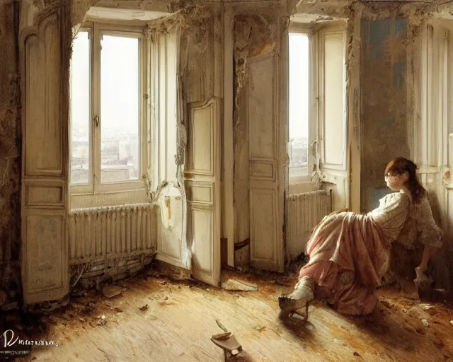 Prompt: an abandoned parisian apartment with and antique furniture with a view of the city, interior design, architecture, key lighting, soft lights, by steve hanks, by edgar maxence, by caravaggio, by michael whelan, by delacroix, by serov valentin, by tarkovsky, 8 k render, detailed, oil on canvas