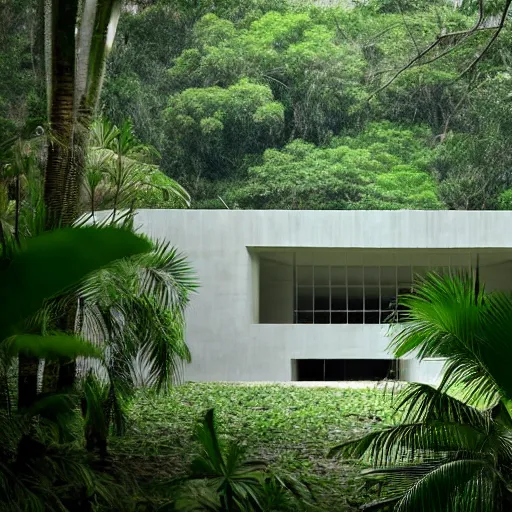 Prompt: photo on zenith, hyperrealistic white house by tadao ando in the tropical wood, palms, overgrown place, 7 0 s, mystic, melancholy, pinhole analogue photo quality, lomography, scratches on photo, noise effect, blur effect