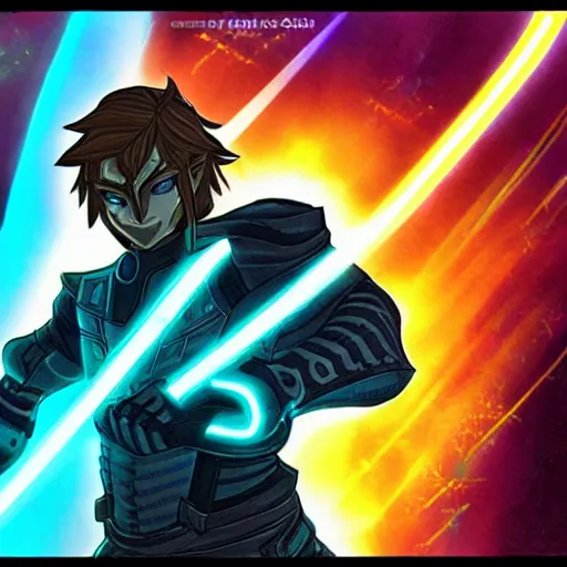 Prompt: Ganondorf in the style of Tron Legacy, wielding a large neon fantasy greatsword, tron legacy city in the background, dark black sky