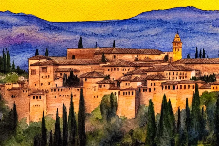 Prompt: alhambra, from granada, at sunset, with sierra nevada, watercolour,