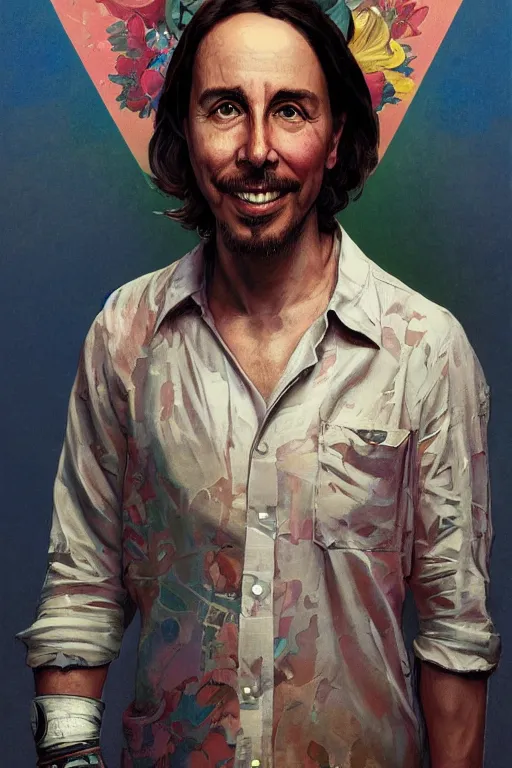 Image similar to Pablo Iglesias portrait, smiling, highly detailed, digital painting, artstation, sharp focus, illustration, with Hawaiian shirt, art by Greg Rutkowski, Norman Rockwell and Alphonse Mucha,