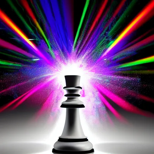 Image similar to a stunning 3 d simulation of a white chess piece exploding with colorful laserbeams, black background, 4 k