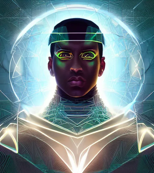 Image similar to symmetry!! egyptian prince of technology, solid cube of light, hard edges, product render retro - futuristic poster scifi, lasers and neon circuits, brown skin man egyptian prince, intricate, elegant, highly detailed, digital painting, artstation, concept art, smooth, sharp focus, illustration, dreamlike, art by artgerm