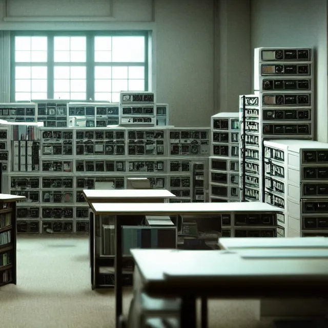 Prompt: an interior room with old pc computers stacked on the walls, makoto shinkai