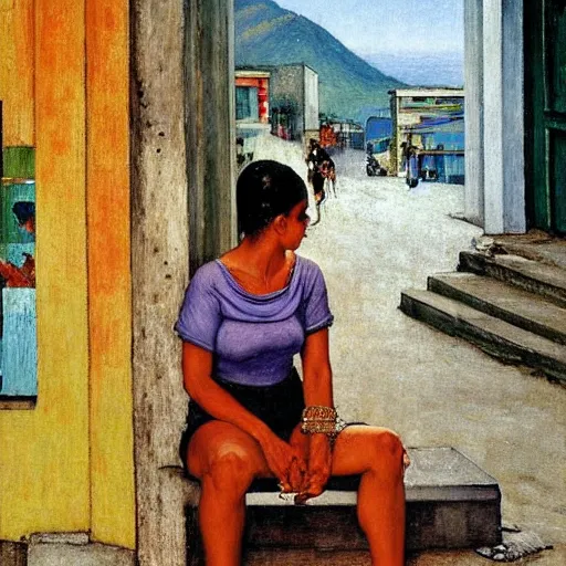 Prompt: rio de janeiro streets, favela, by edward hopper, by frida khalo, by norman rockwell