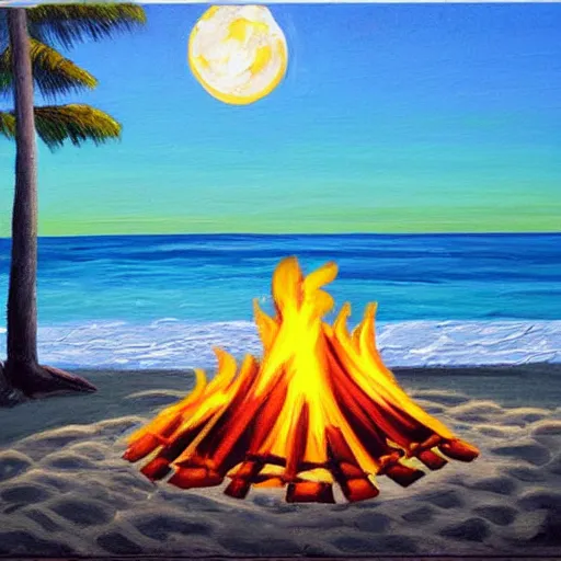 Image similar to Campfire on the beach, Moonlit ocean, Secluded beach, Painting