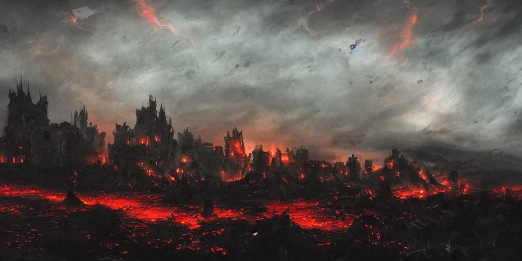 Prompt: a castle in distance in flames and ruins, the ground is dark and cracked, a large man in full plate of black armor, splattered in blood, riding a large black horse with red glowing eyes and red wisps emanating from it's eyes, blackened clouds cover sky crackling with lightning and rain in the distance,,