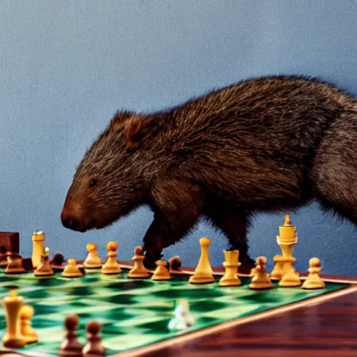 Image similar to crazy wombat playing chess in stellenbosch de zalze with dark clouds and lighting