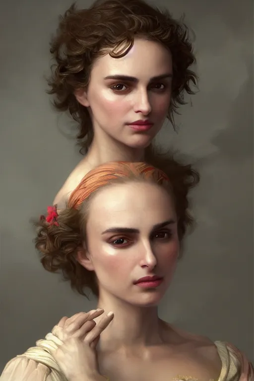 Prompt: Nathalie Portman portrait in a fantasy comic book, style portrait painting of François Boucher, Oil Painting, unreal 5, DAZ, hyperrealistic, octane render, Regal, Refined, Detailed Digital Art, RPG portrait, William-Adolphe Bouguereau, Michael Cheval, dynamic lighting, Highly Detailed, Cinematic Lighting, Unreal Engine, 8k, HD