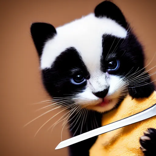 Image similar to cute kitten with panda body and cat face, in a kimono, holds a sword, highly detailed, sharp focus, photo taken by nikon, 4 k