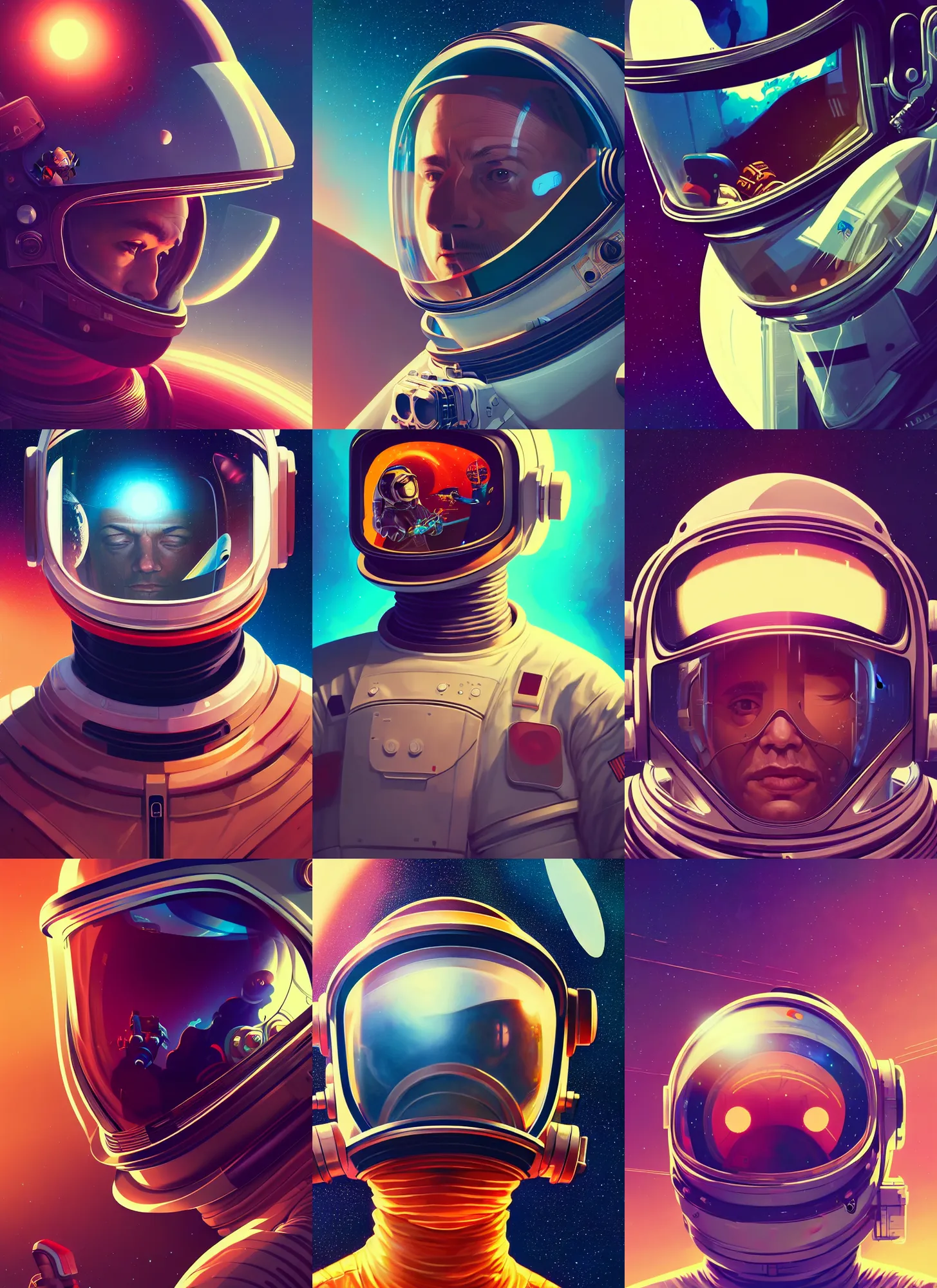 Prompt: retrofuturistic portrait of a man in astronaut helmet, space graphics art in background, close up, wlop, dan mumford, artgerm, liam brazier, peter mohrbacher, 8 k, raw, featured in artstation, octane render, cinematic, elegant, intricate, 8 k