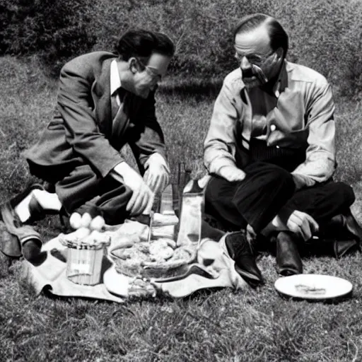 Prompt: walter white and saul goodman having a picnic date at the park, circa 1 9 4 6