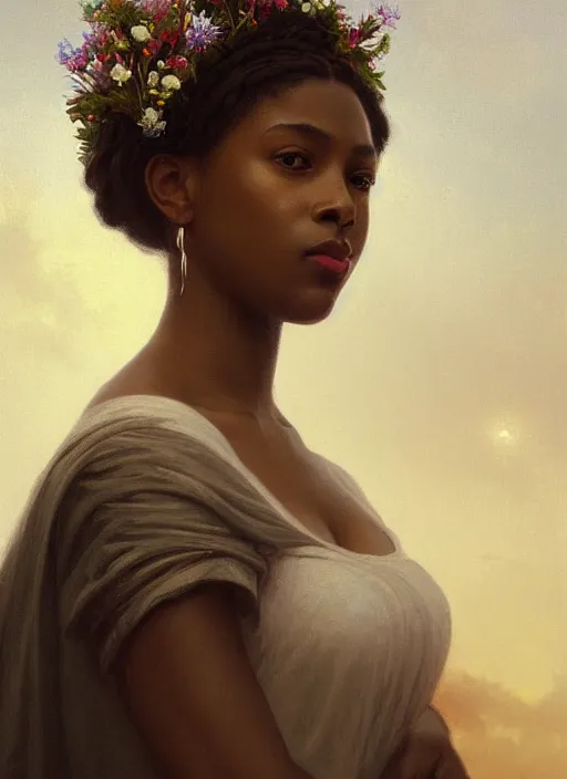 Prompt: oil painting close up portrait of a contemplative young black woman with long dark flowing hair in a white dress, wearing a crown of wildflowers!! at sunset, hazy, digital art, chiaroscuro, artstation, cinematic, golden hour, digital art painting by greg rutkowski, william - adolphe bouguereau, hazy atmosphere, cinematic lighting