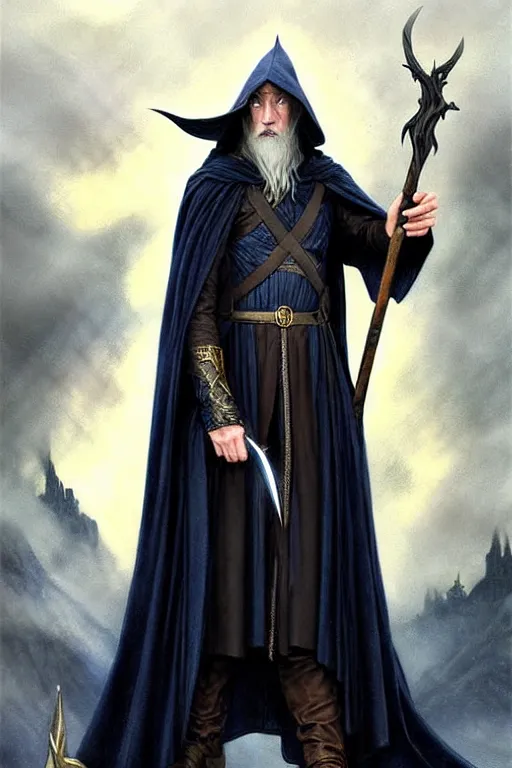Prompt: handsome mage holding gandalf's staff, long black hair blue eyes wearing leather mantle gothic navy cloak with gold details, castle town, fantasy character portrait, ultra realistic, intricate, elegant, highly detailed, digital painting, artstaion, smooth, sharp, focus, illustration, art by artgerm and greg rutkowski and alphonse mucha