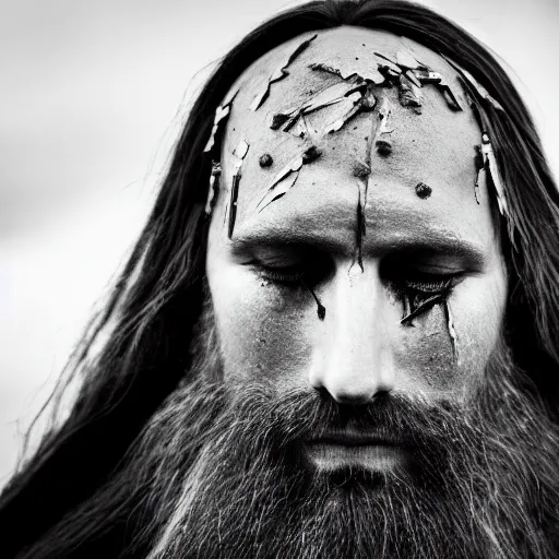 Prompt: minimalist photography portrait of a germanic pagan man, sad, crying, tear, early middle ages, gash, symmetrical, super close up, mid thirties, cute round slanted eyes, caucasian, wide nostrils, high cheekbones, full cheeks, high flat eyebrows, ethereal essence, leica 1 0 0 mm f 0. 8