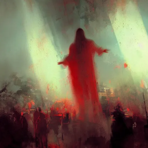 Prompt: Christ coming up from beneath blood red water, his eyes fixed toward the sky, his mouth agape, the sky is dark with god rays filtering through in the distance, a crowd looks on in silence in the far background, by Jeremy Mann, stylized, detailed, realistic, loose brush strokes