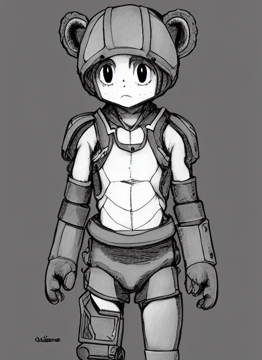 Image similar to beautiful little boy wearing an cyborg bear suit, artwork in kentaro miura and made in abyss and rosdraws, smooth, beautiful lightness, anatomically correct, trending on pixiv, forest