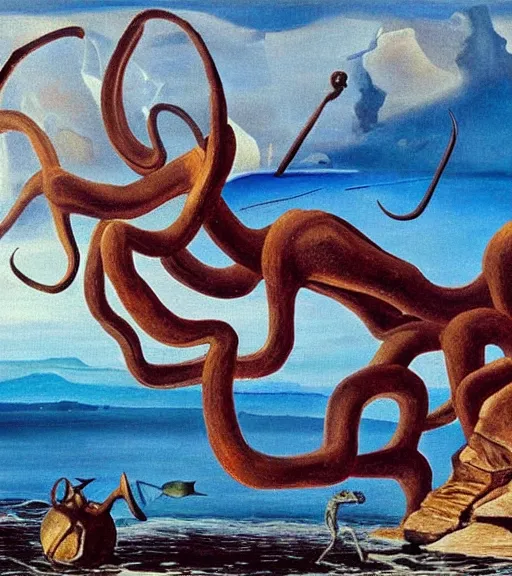 Image similar to a cybernetic realistic Callistoctopus macropus found giving a lecture in a shallow area of the Mediterranean Sea, 9pm in Cap de Creus, oil painting by Salvador Dali