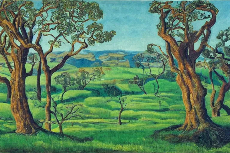 Image similar to masterpiece painting of oak trees on a hillside overlooking a creek, by leng mei lennie lee leo goetz leo leuppi leo lionni leo michelson leo valledor leo and diane dillon leon chwistek leon golub leon kaplinski leon kossoff leon kroll leon polk smith leon wyczołkowski leona wood